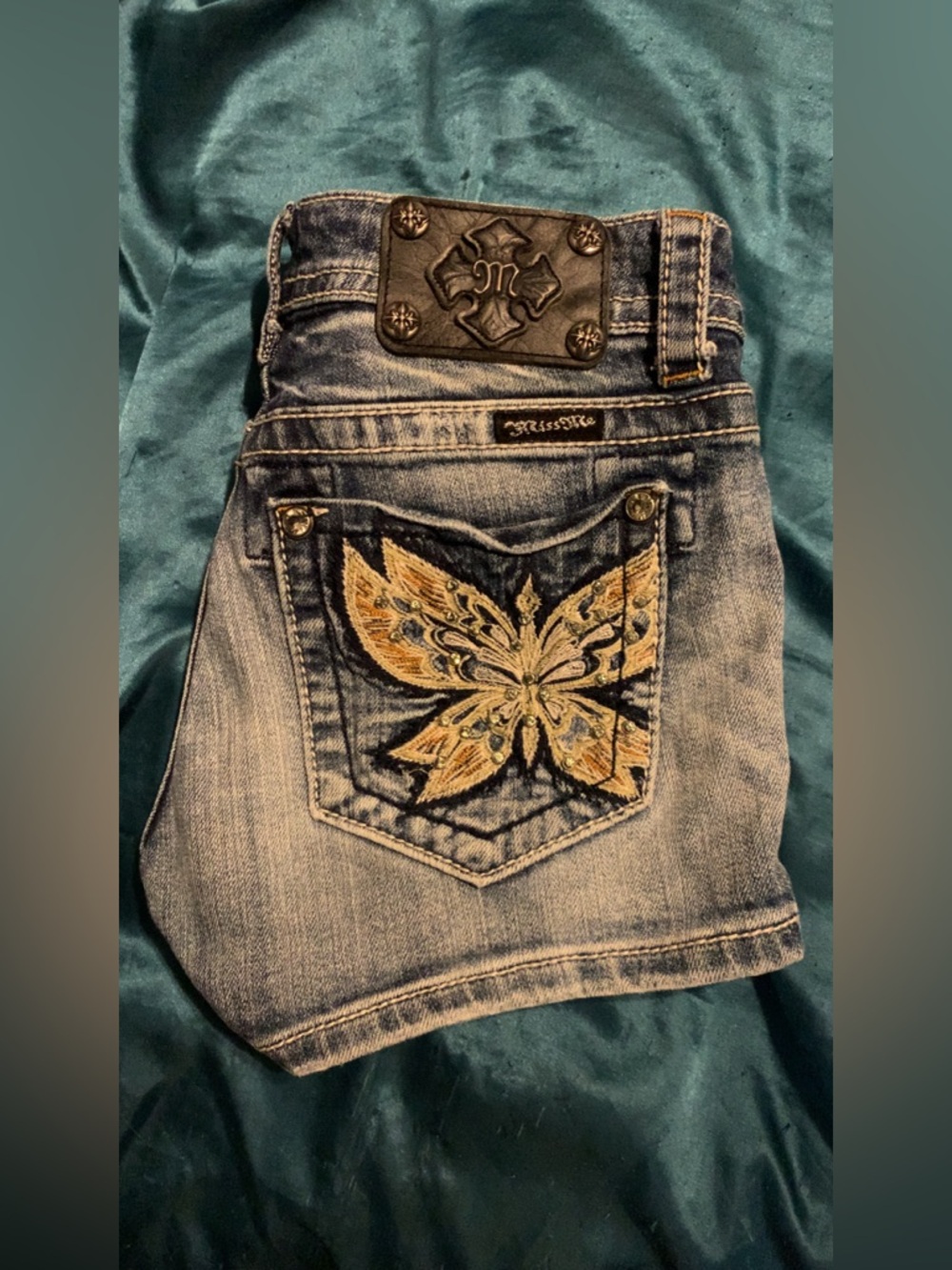 Miss Me Distressed Light Blue Denim Shorts with Gold Butterfly Embroidery